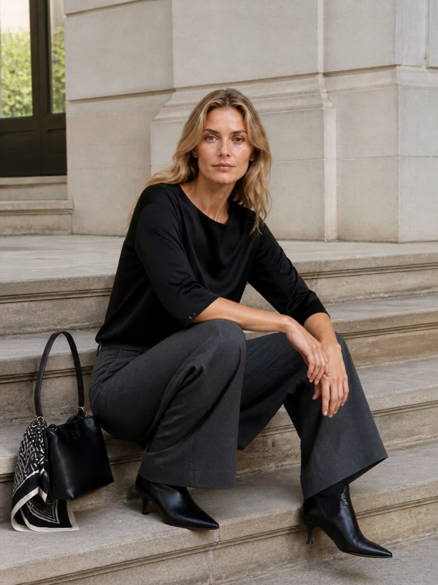 Inky satin and charcoal tailoring pair for a quietly precise city uniform, the wide-leg trouser grounding the relaxed boat-neck with structure and length. A pointed black ankle boot and structured shoulder bag keep the lines clean and modern, while a graphic square scarf adds just enough intention without breaking the calm palette.