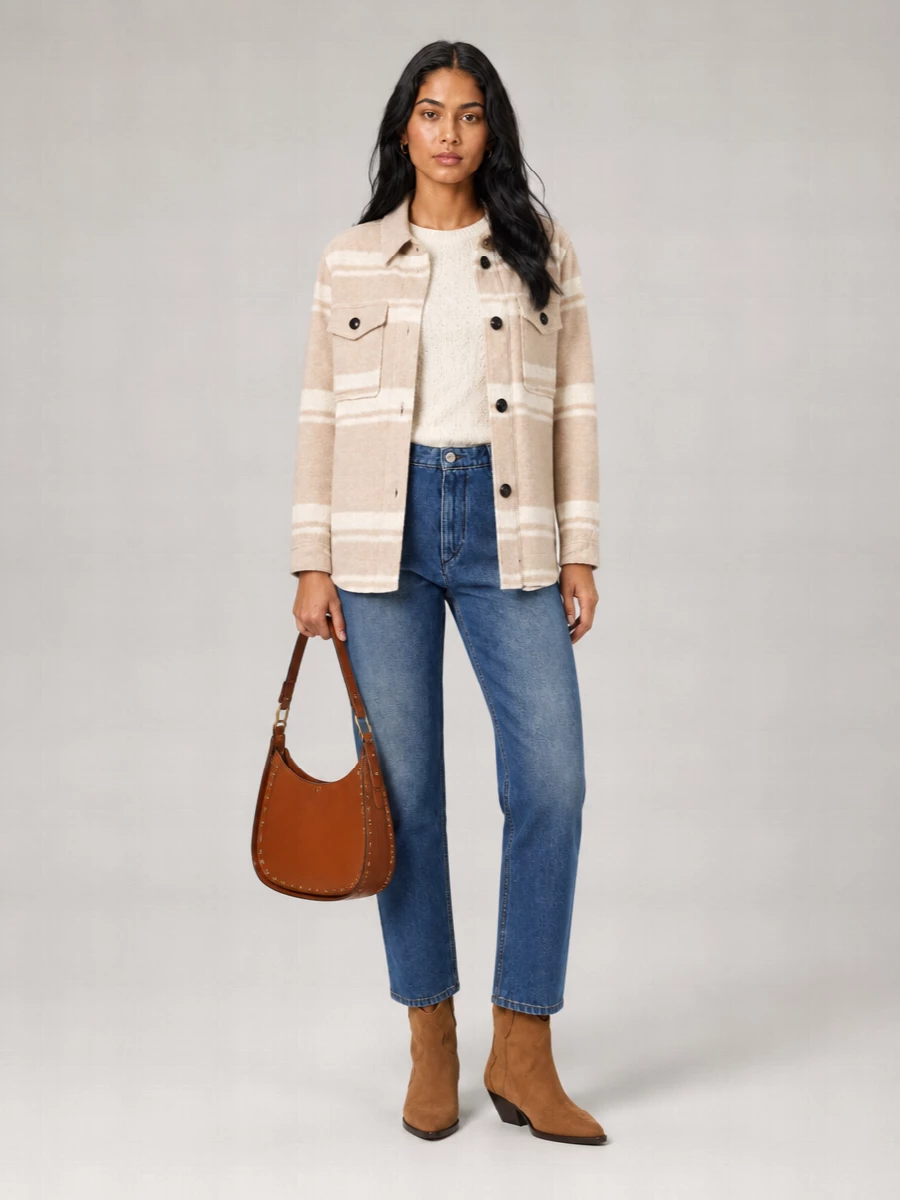 I am styling this around denim rather than a dress so the striped shacket can stay firmly in its casual, Parisian daywear lane. The cream knit and straight blue jeans keep the base clean and easy, while tan Western boots and a cognac saddle bag quietly tie into the shacket’s warm neutrals for a soft, boho-minimalist fall uniform.