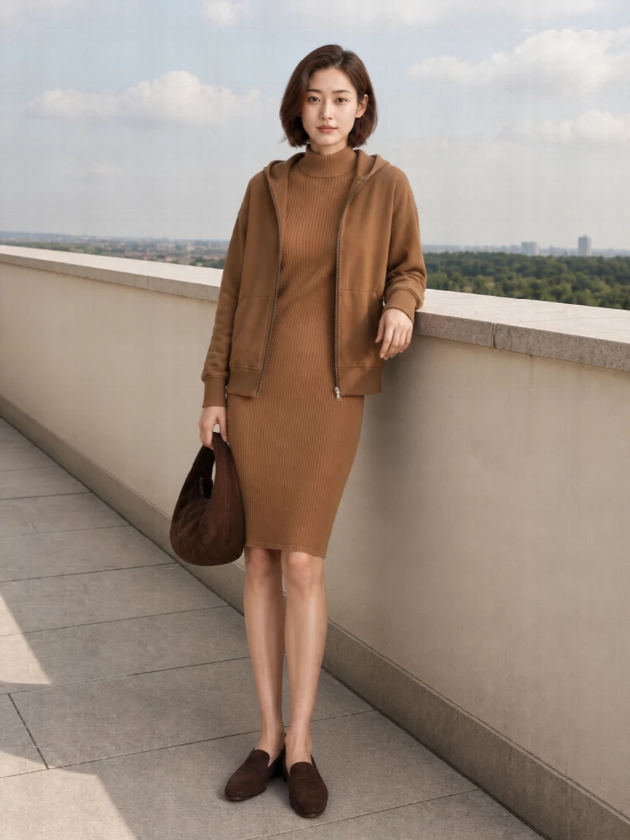 Cucinelli hoodie camel sweater dress outfit
