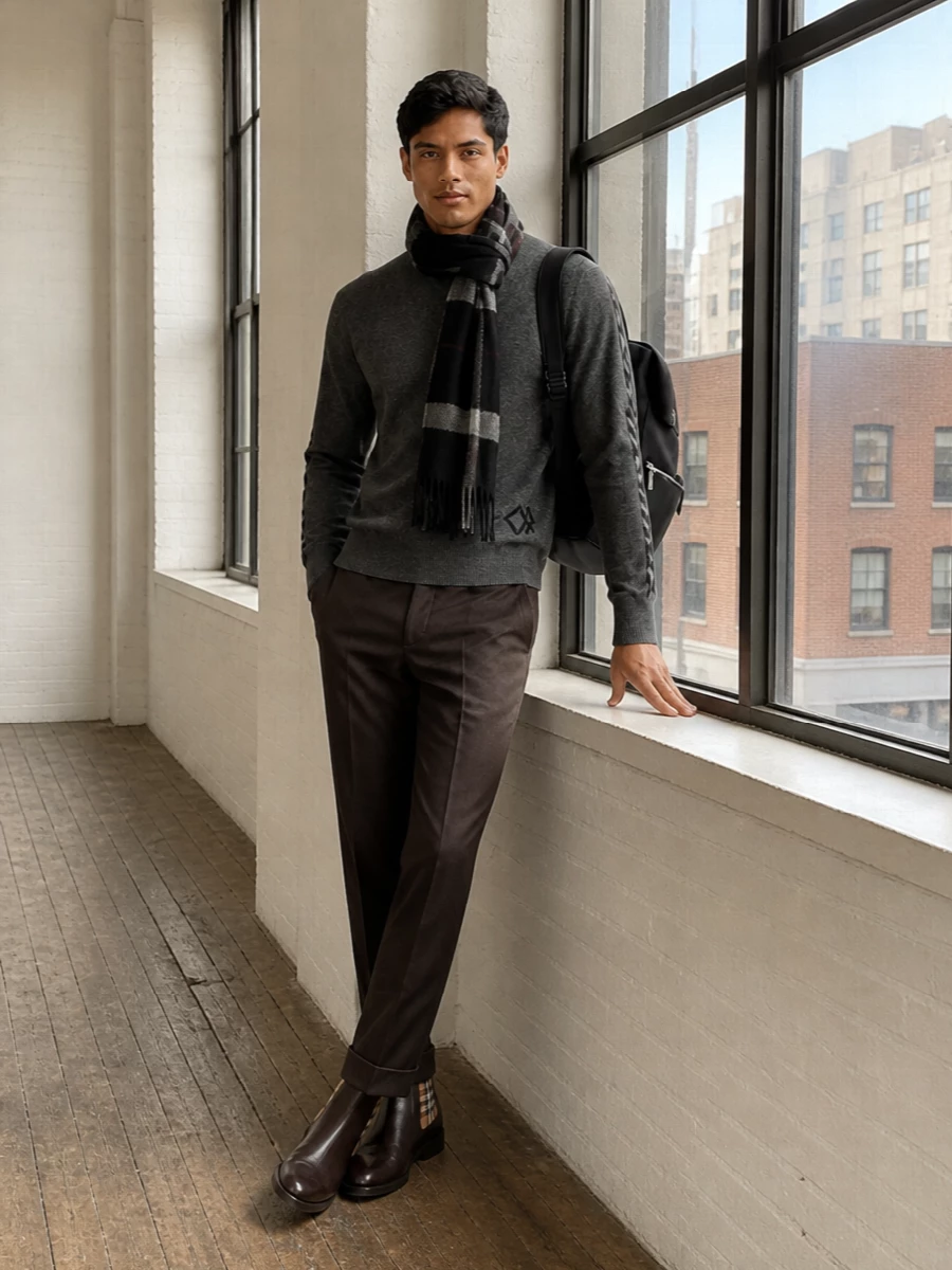 Burberry charcoal sweater brown trousers outfit