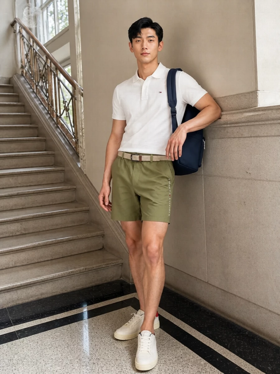 Tommy hilfiger khaki shorts white polo outfit