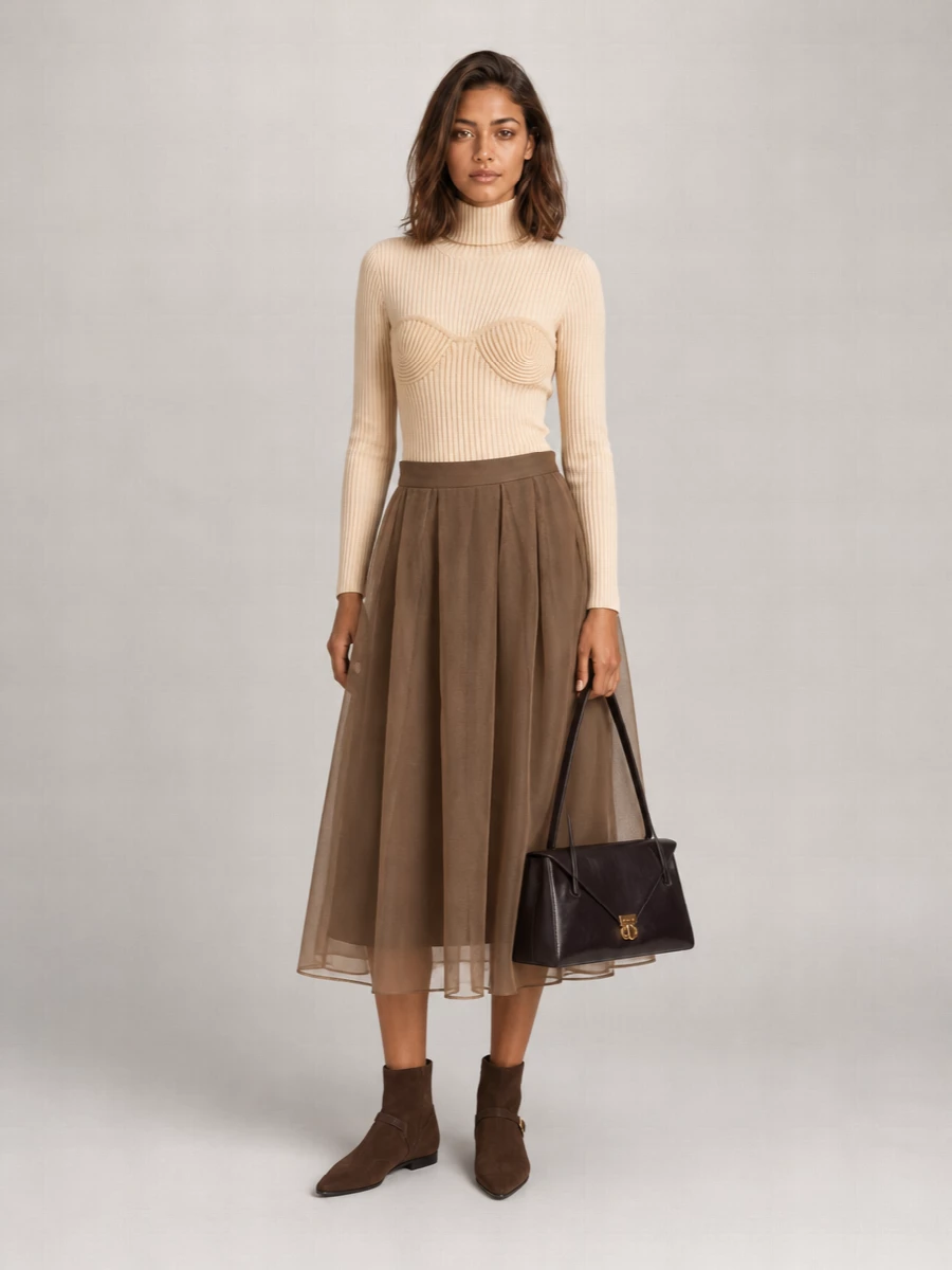 Brunello Cucinelli Silk Pleated Midi Skirt