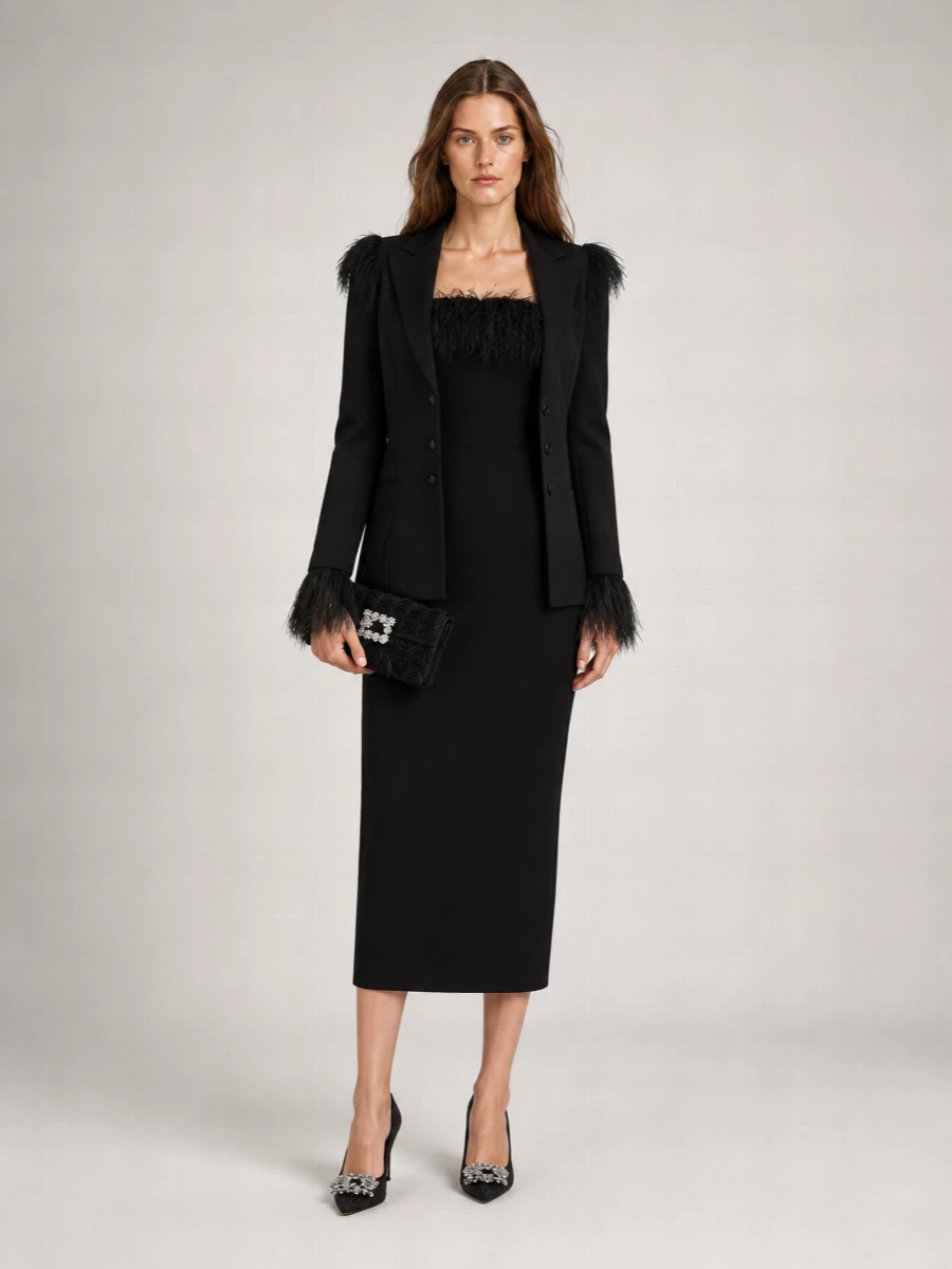 Alberta Ferretti Feather Trim Crepe Fitted Blazer