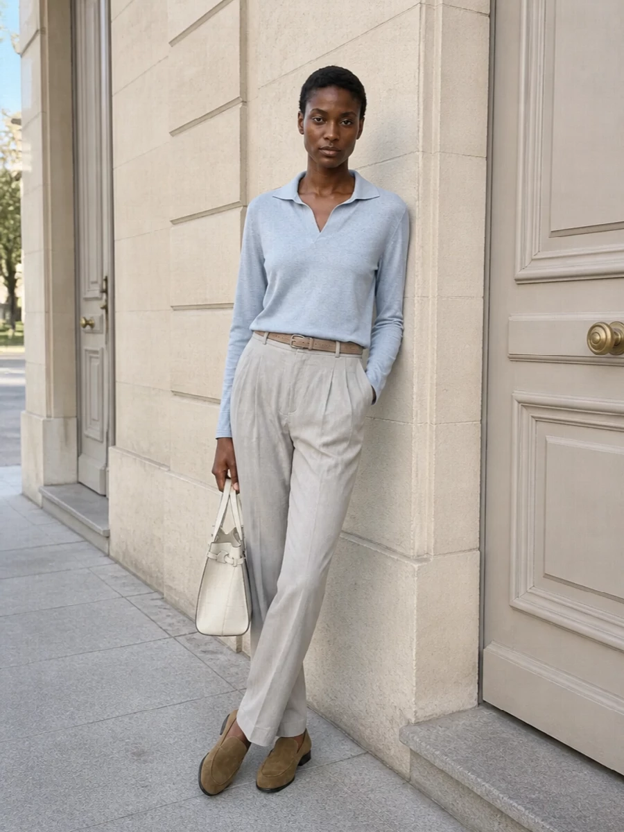 The row stone trousers blue knit outfit