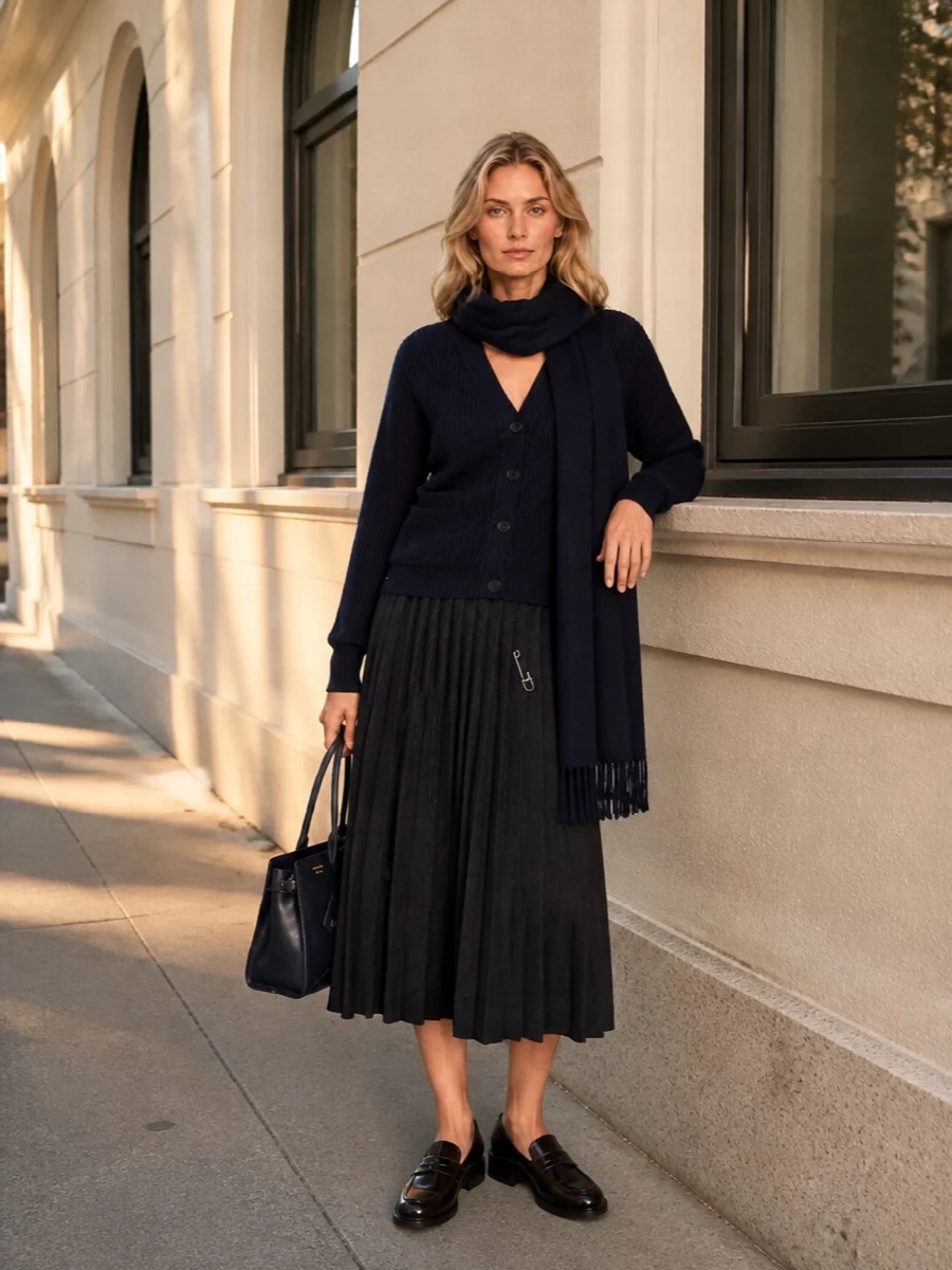 Prada navy cardigan pleated midi skirt outfit