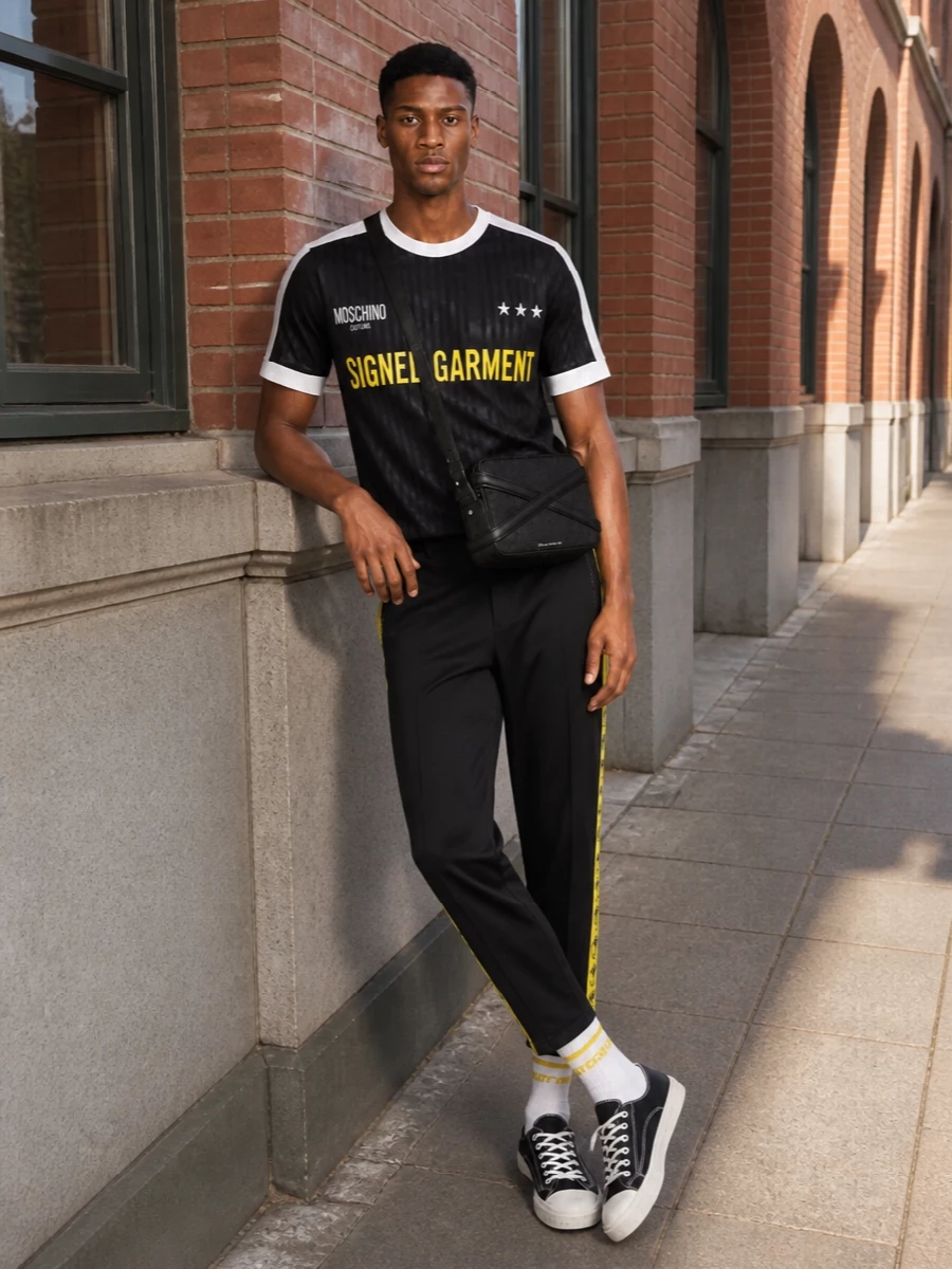 Moschino graphic tee track pants streetwear outfit