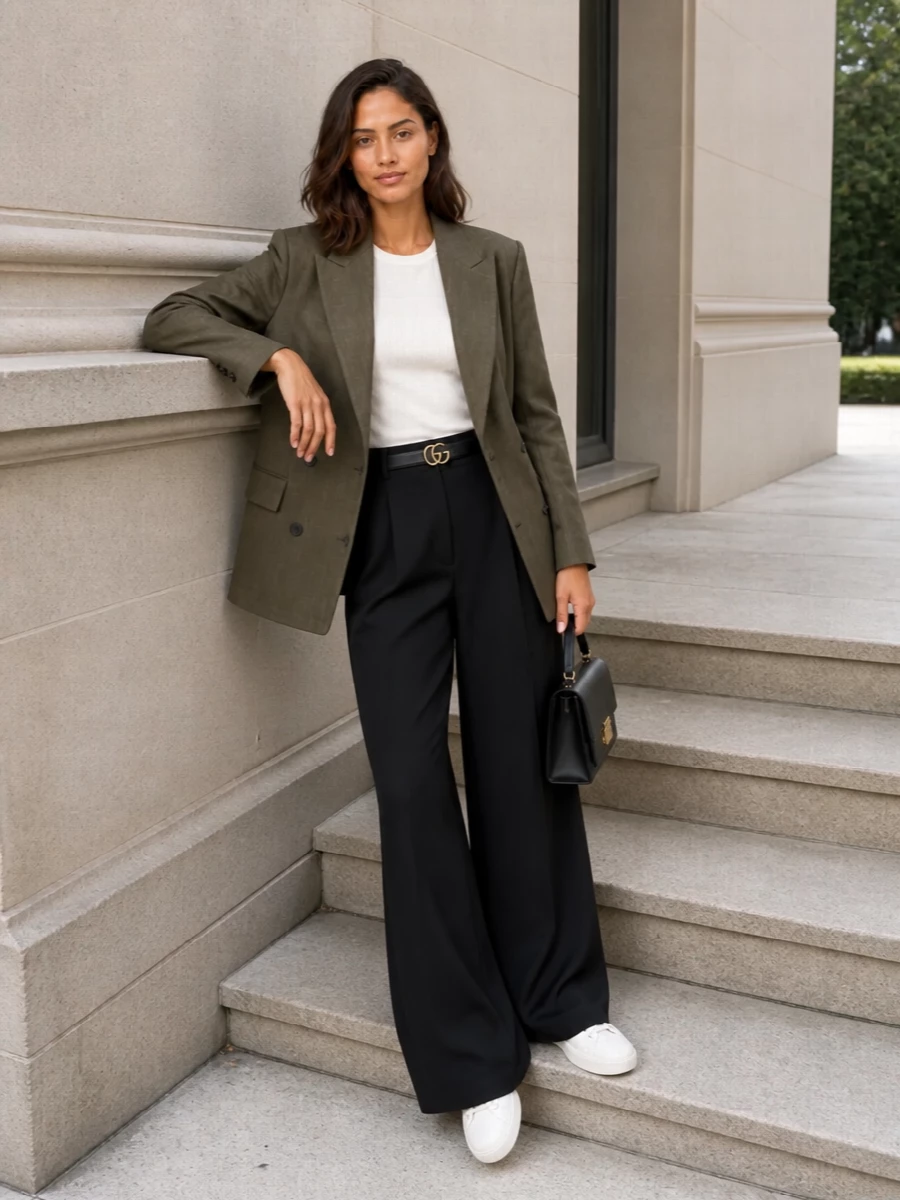 Golden goose blazer black wide leg trousers outfit