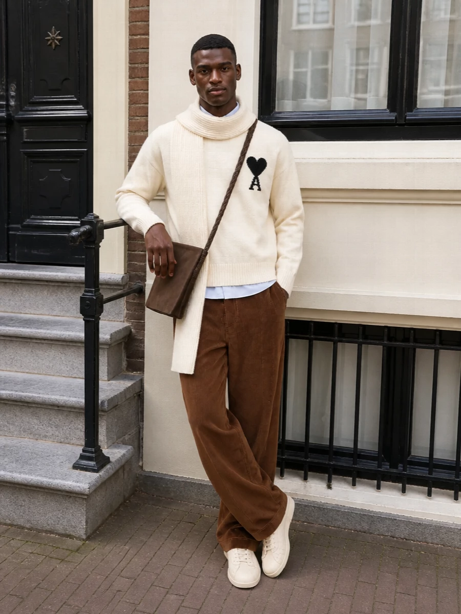 Ami paris cream sweater brown corduroy trouser