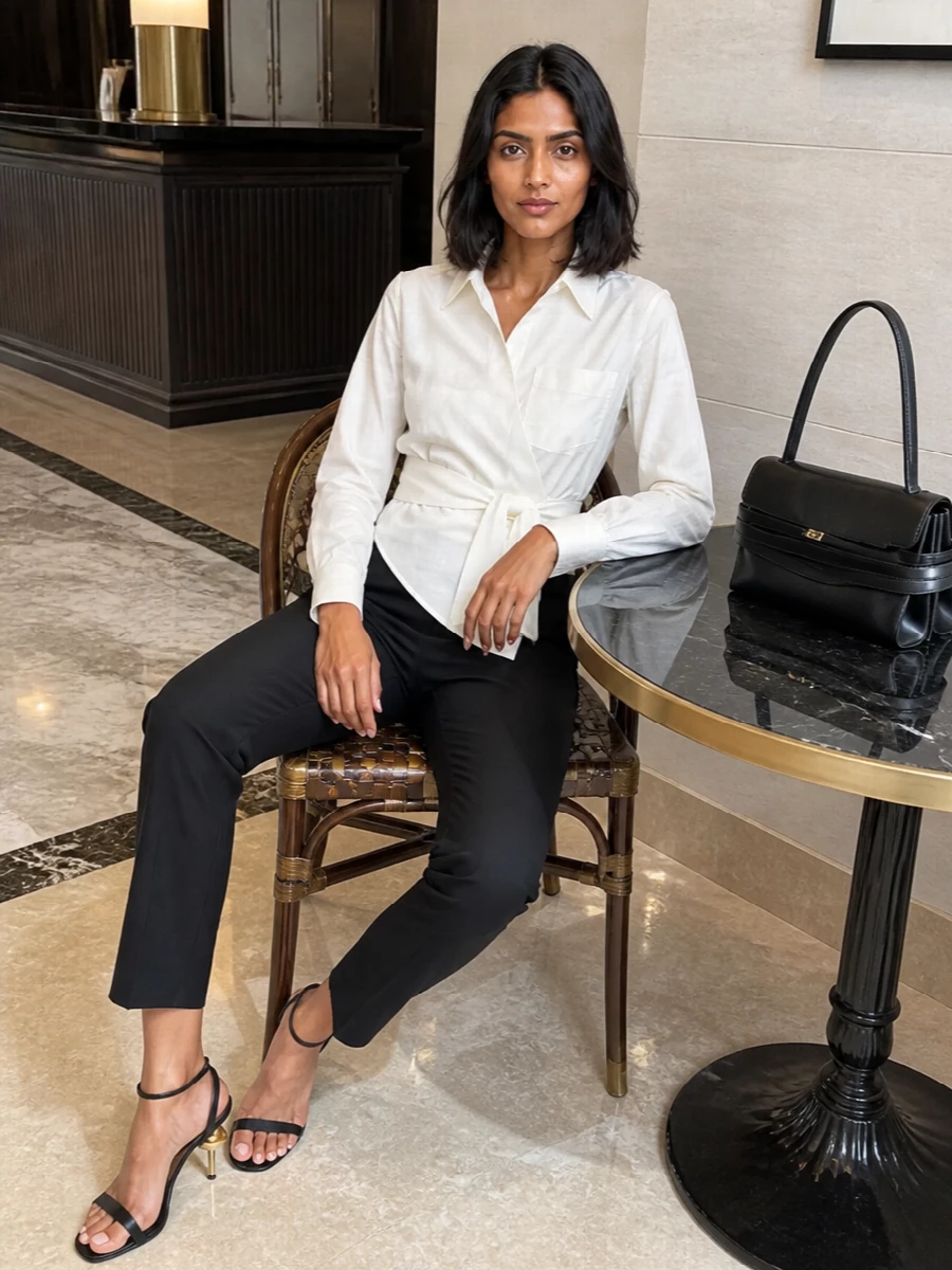 Moschino black trousers ivory wrap shirt heels