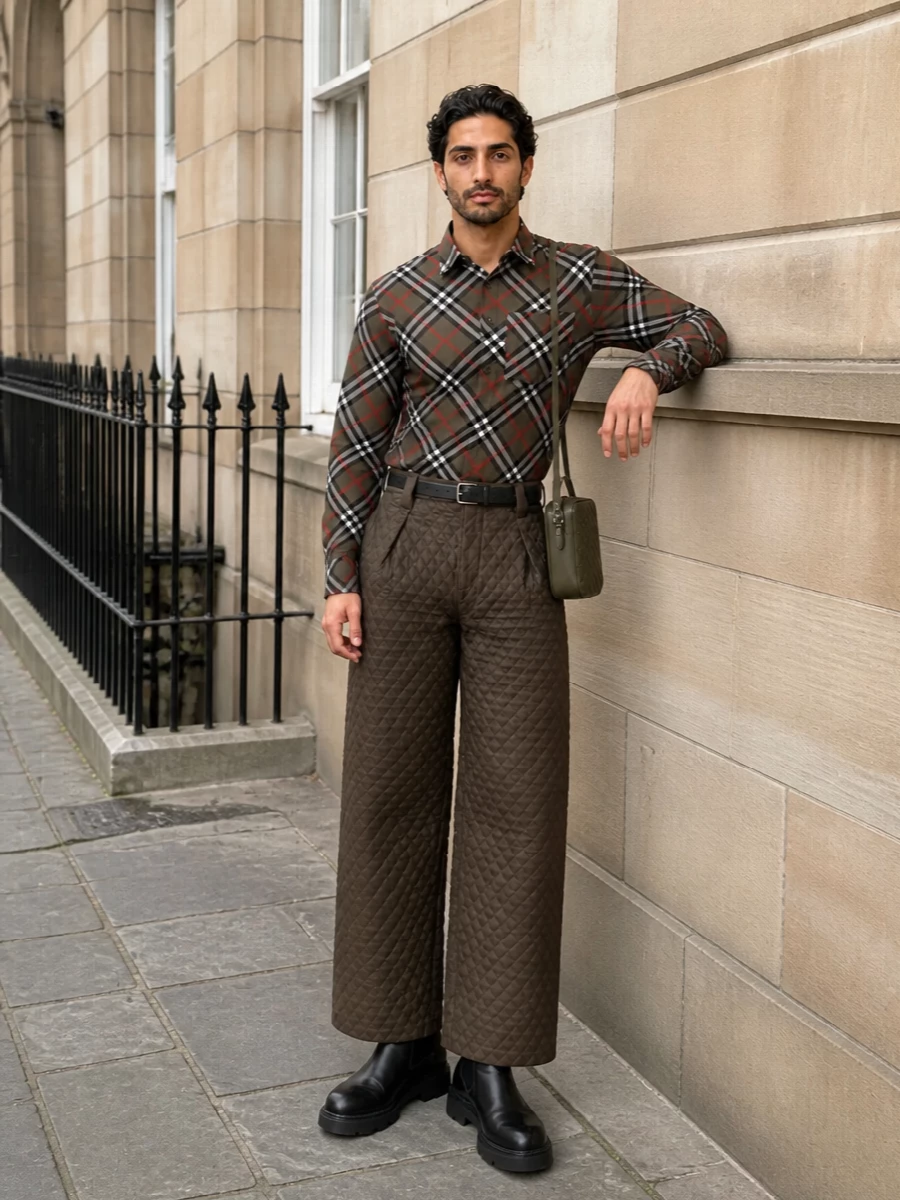 Burberry quilted trousers check shirt outfit