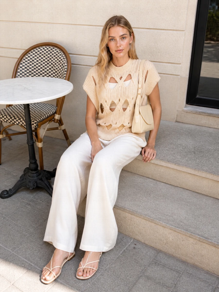 Alysi knit shell ivory wide leg trousers outfit