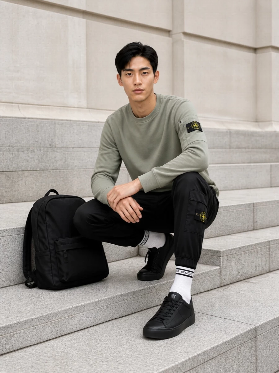 Black Stone Island cargos and sneakers ground the outfit in a clean, technical street mood, while the sage crew introduces just enough color to keep it from feeling flat. The regular fits through top and bottom keep everything relaxed but sharp, ideal for travel days or all-weather city movement. A black technical backpack and subtle retro-sport socks finish the story with utility and a small hit of personality rather than loud branding.