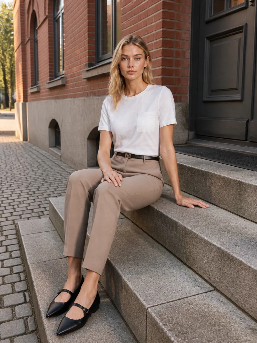 Max mara white tshirt taupe trousers outfit