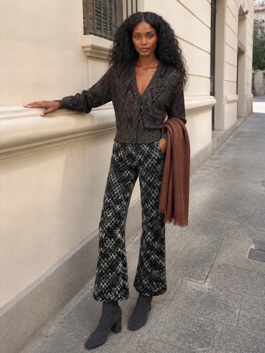 Missoni cardigan flared knit pants boots