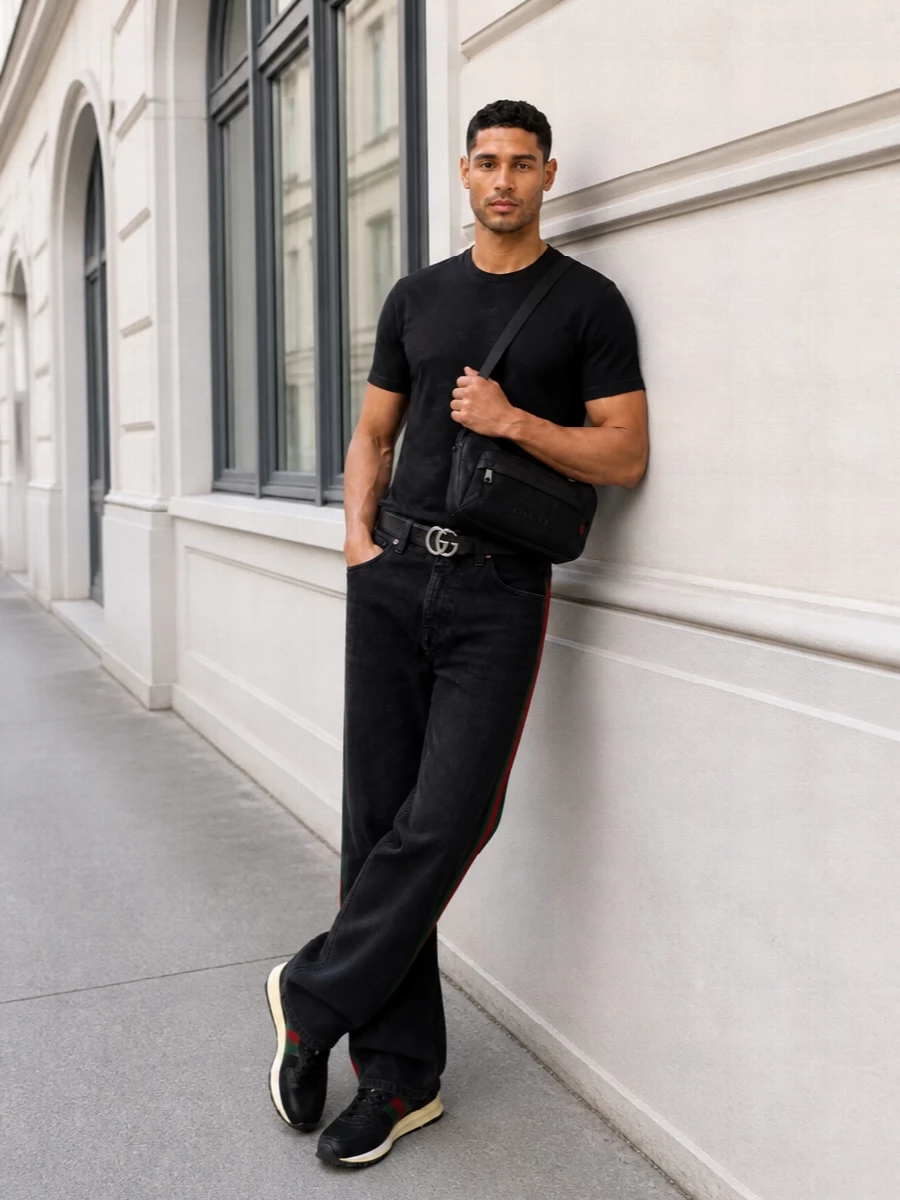 Gucci black denim track stripe black tee outfit