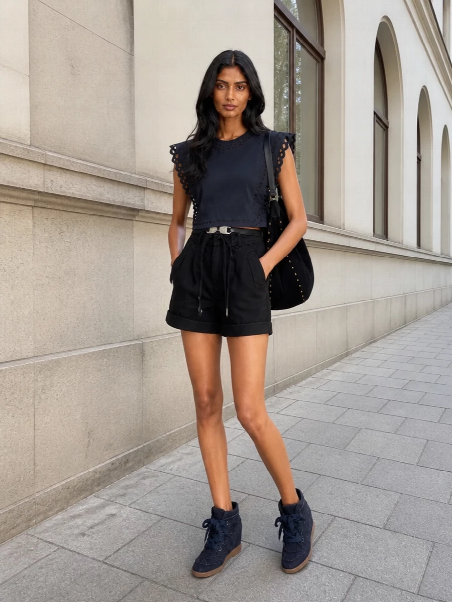 Isabel marant etoile navy tee black shorts outfit