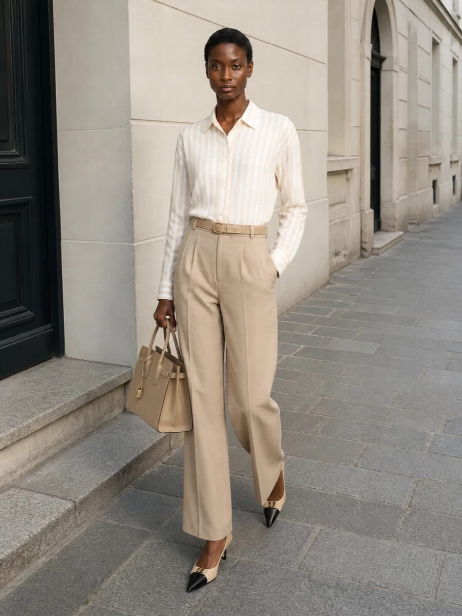 Saint laurent striped shirt beige trousers outfit