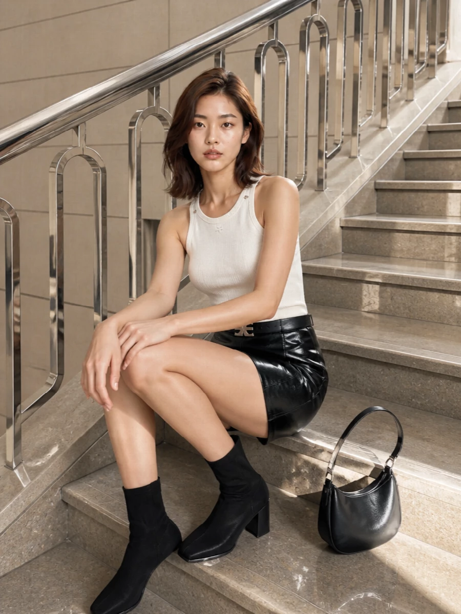 Soft white ribbed jersey against a lacquered black mini creates a clean, sport-inflected take on party dressing. The monochrome palette keeps the hardware and shine feeling precise rather than loud, while the sock boots and compact shoulder bag extend the graphic Courrèges line from head to toe. It is an easy, body-conscious silhouette that reads downtown and futuristic without feeling over-styled.