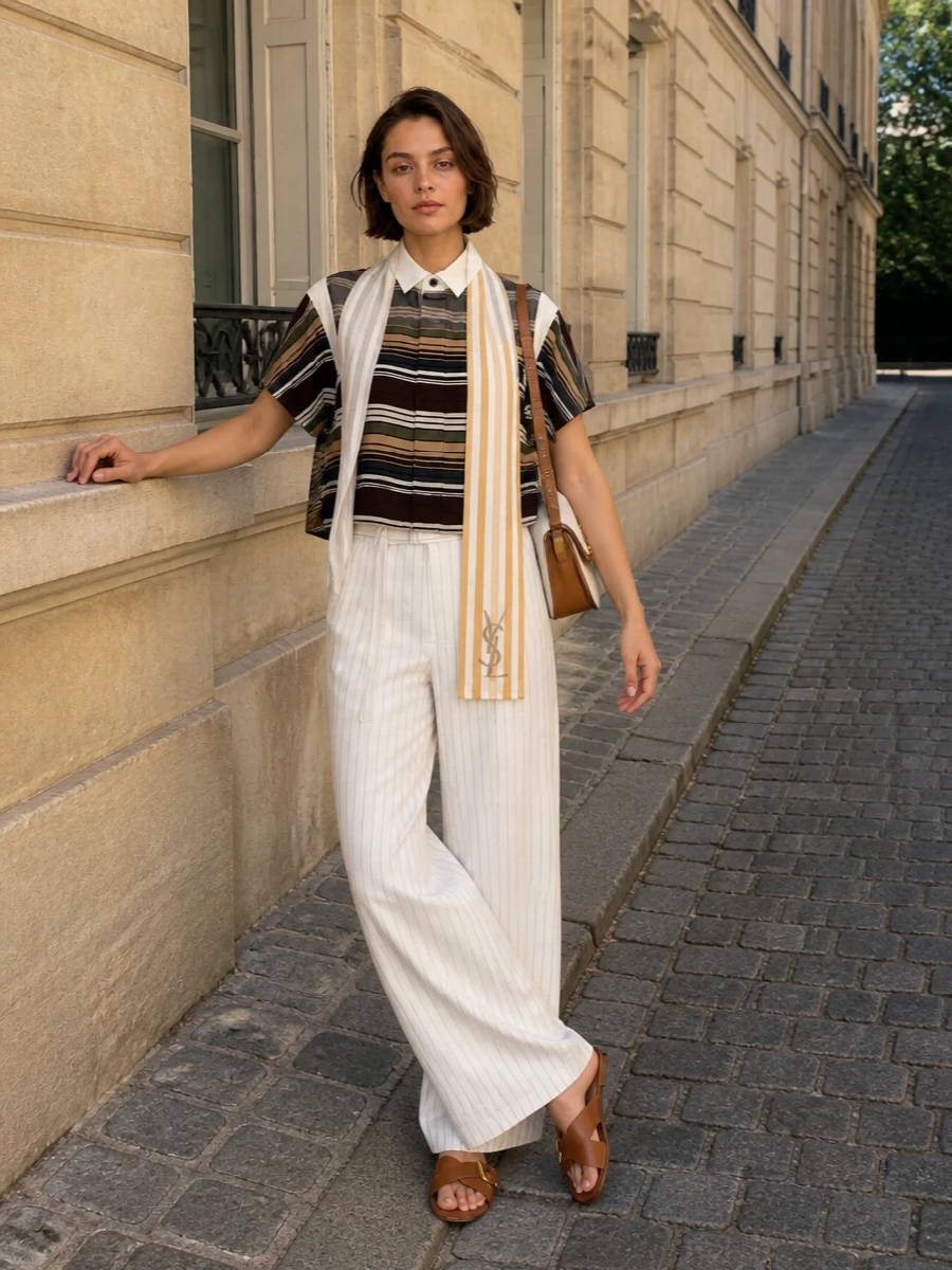 Sacai striped shirt wide leg trousers outfit