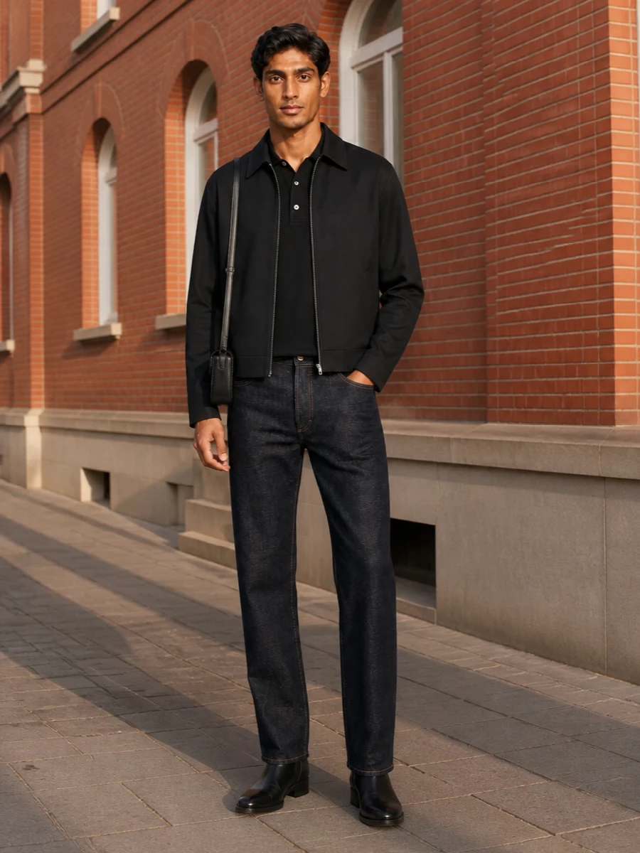 Our legacy black zip jacket raw indigo jeans