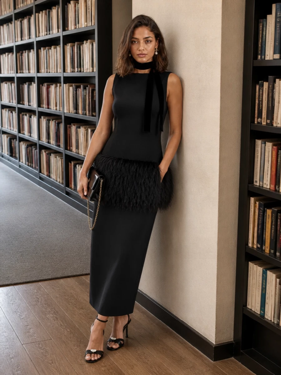 Loulou studio black feather dress jimmy choo heels