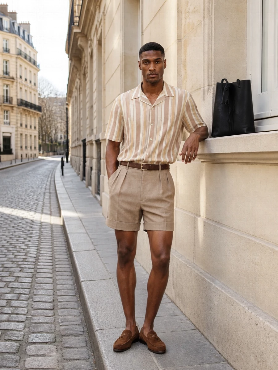 Sand tailoring, warm stripes and soft suede sit in the same sun-faded palette, giving the pleated short a quietly confident, Mediterranean attitude. Tan loafers and a chestnut belt keep the line refined rather than beachy, while the structured black tote adds urban clarity so it feels as right for gallery afternoons as for terrace dinners.