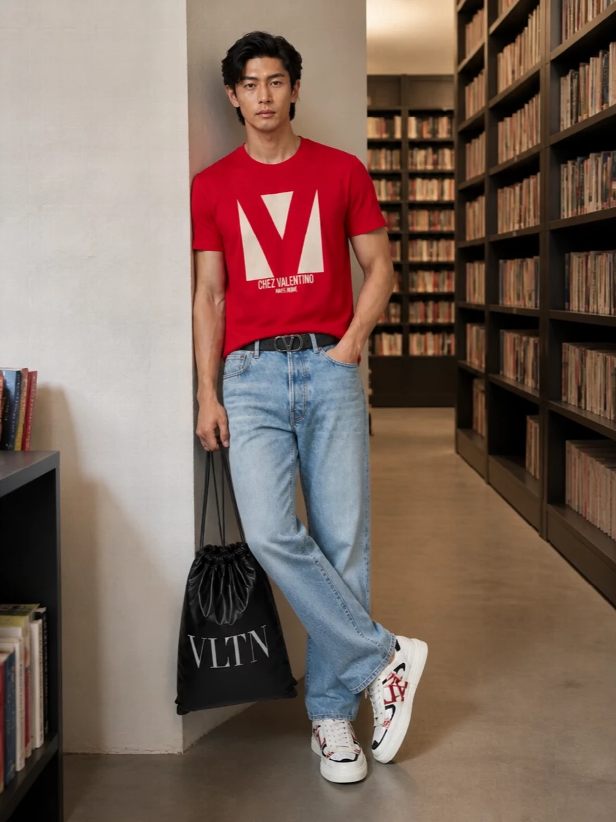 Valentino red tee light wash jeans outfit