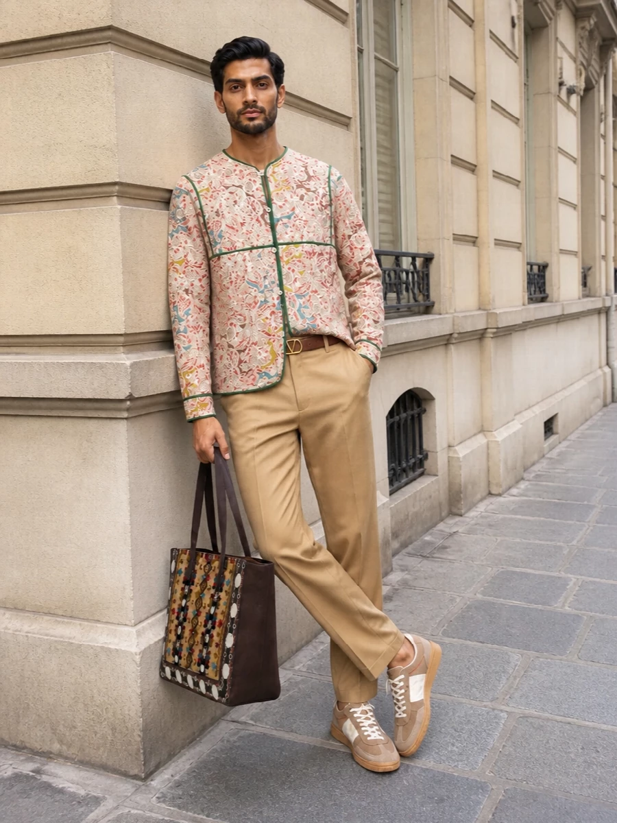 This look lets the quilted paisley shirt be the hero, anchoring it with clean camel straight-leg trousers that echo its warmth without adding more pattern. Taupe-and-cream court sneakers keep the vibe relaxed yet refined, while the embroidered chocolate tote and slim tan belt subtly amplify the romantic, bohemian story in a distinctly luxurious way.