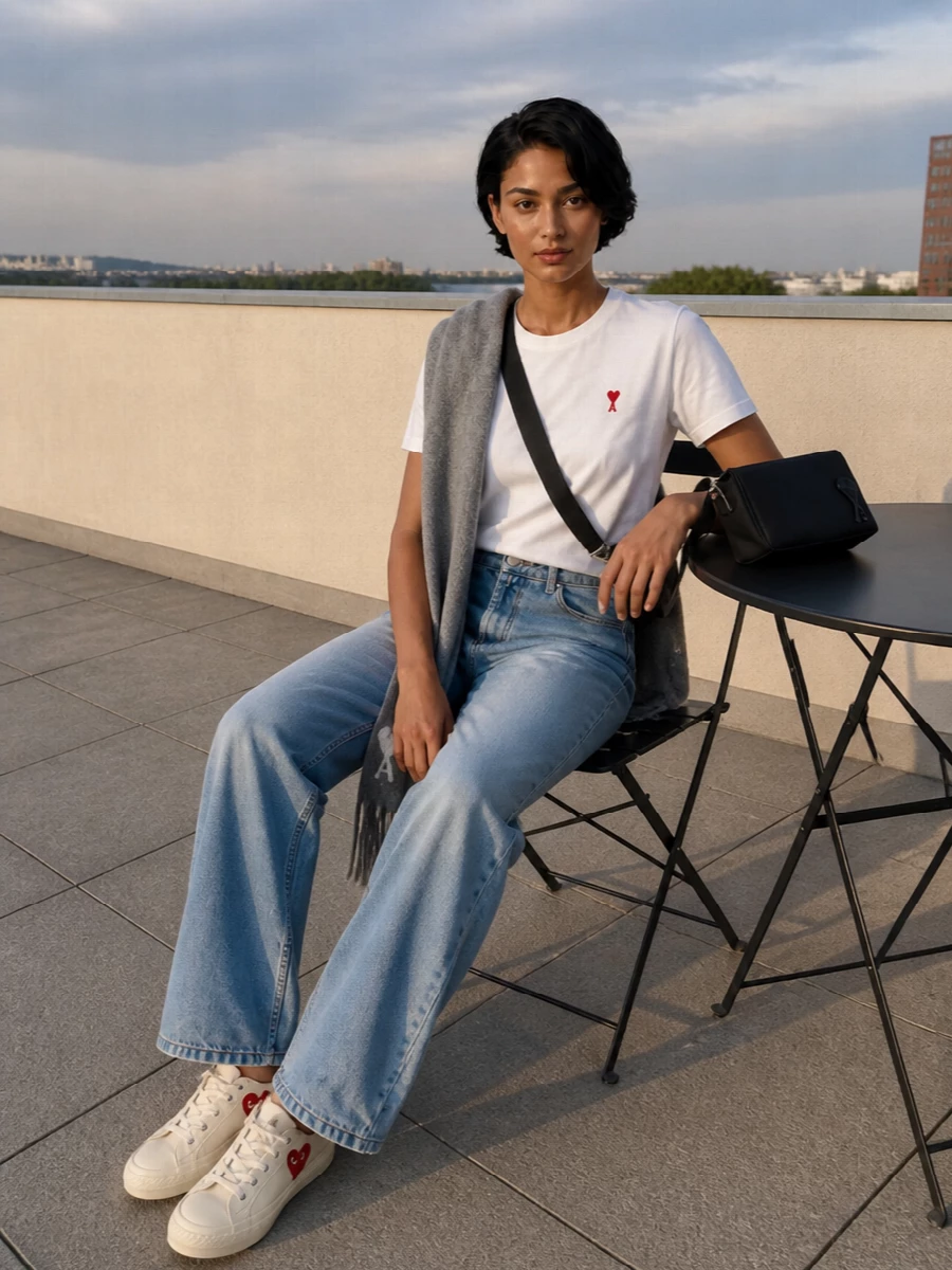 Ami paris tee wide leg jeans converse sneakers