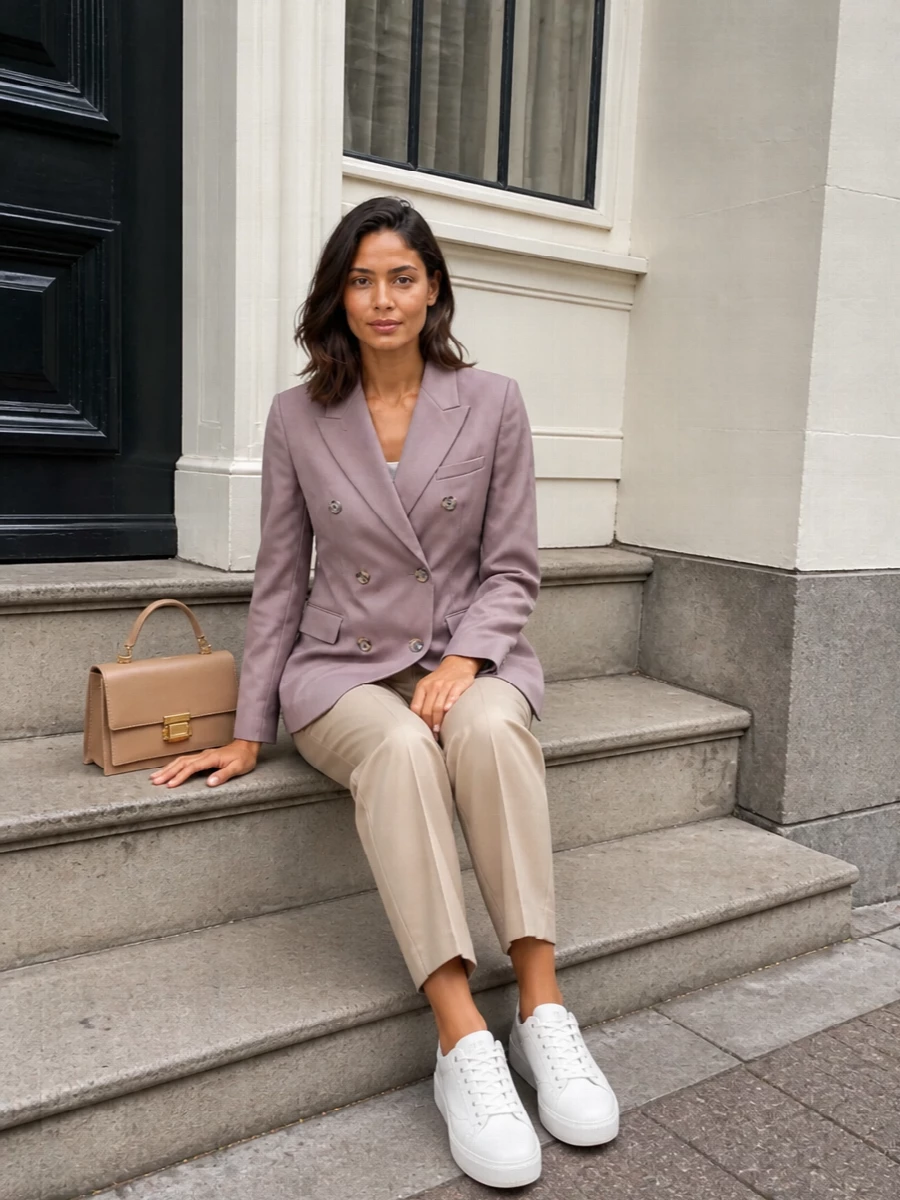 Golden goose mauve blazer beige tailored trousers