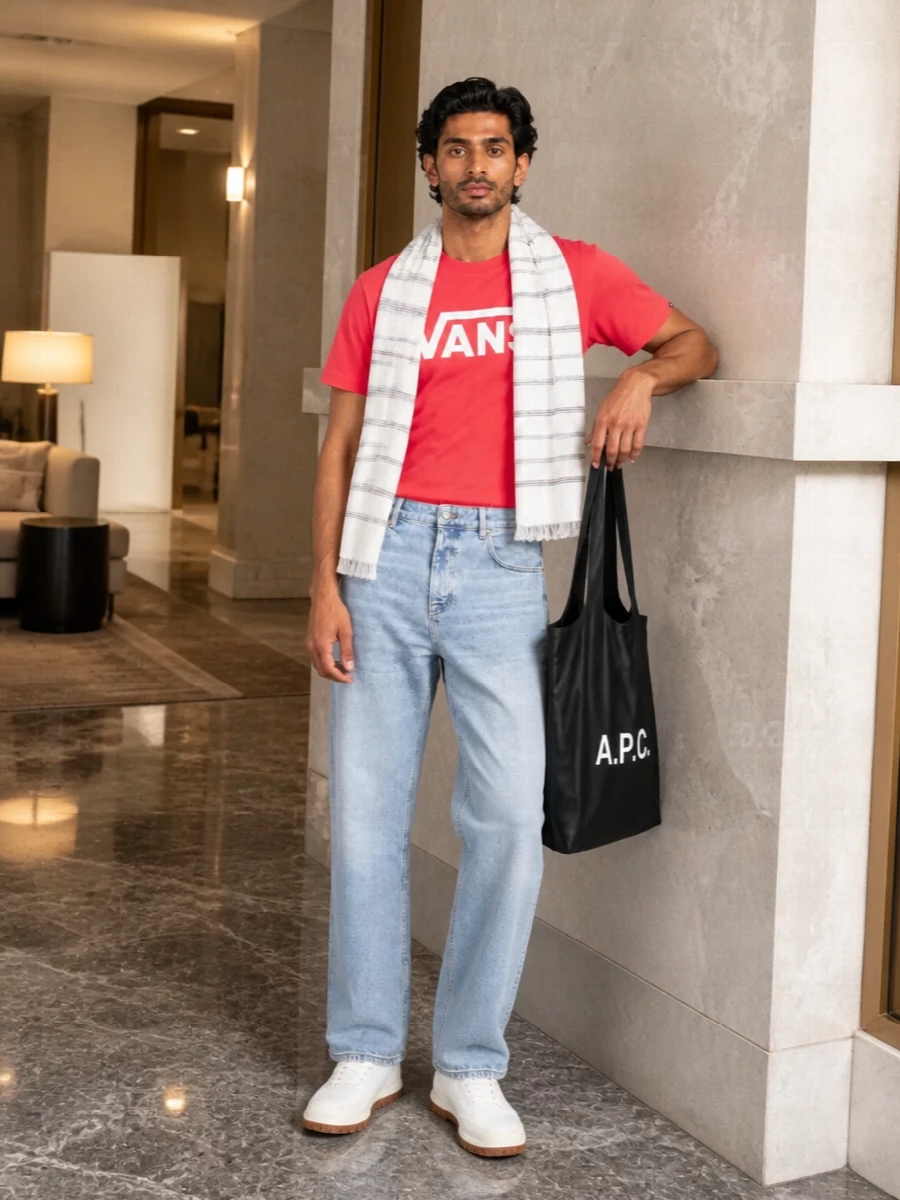 Vans coral t shirt light wash jeans outfit