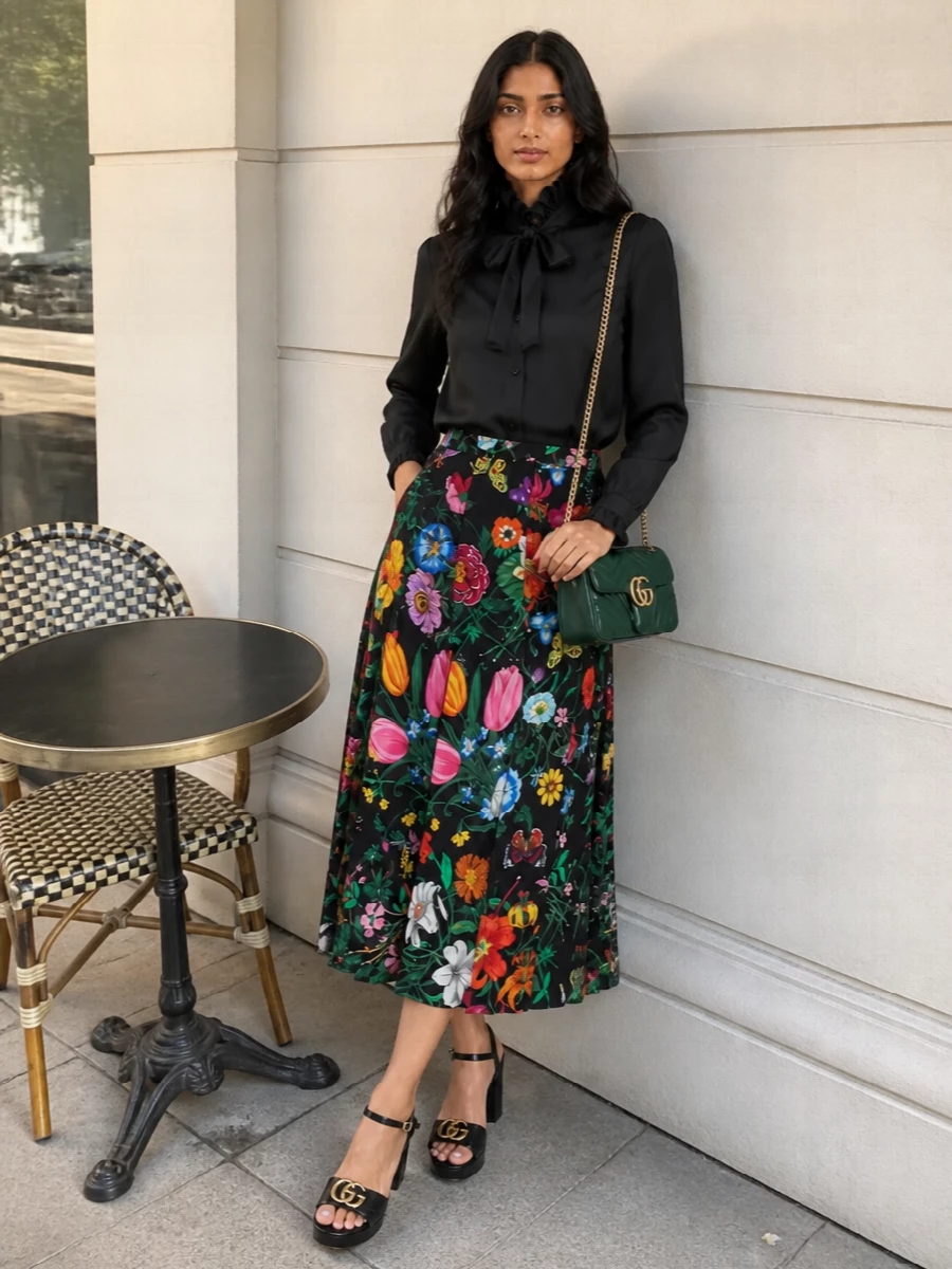 Gucci floral midi skirt black blouse outfit