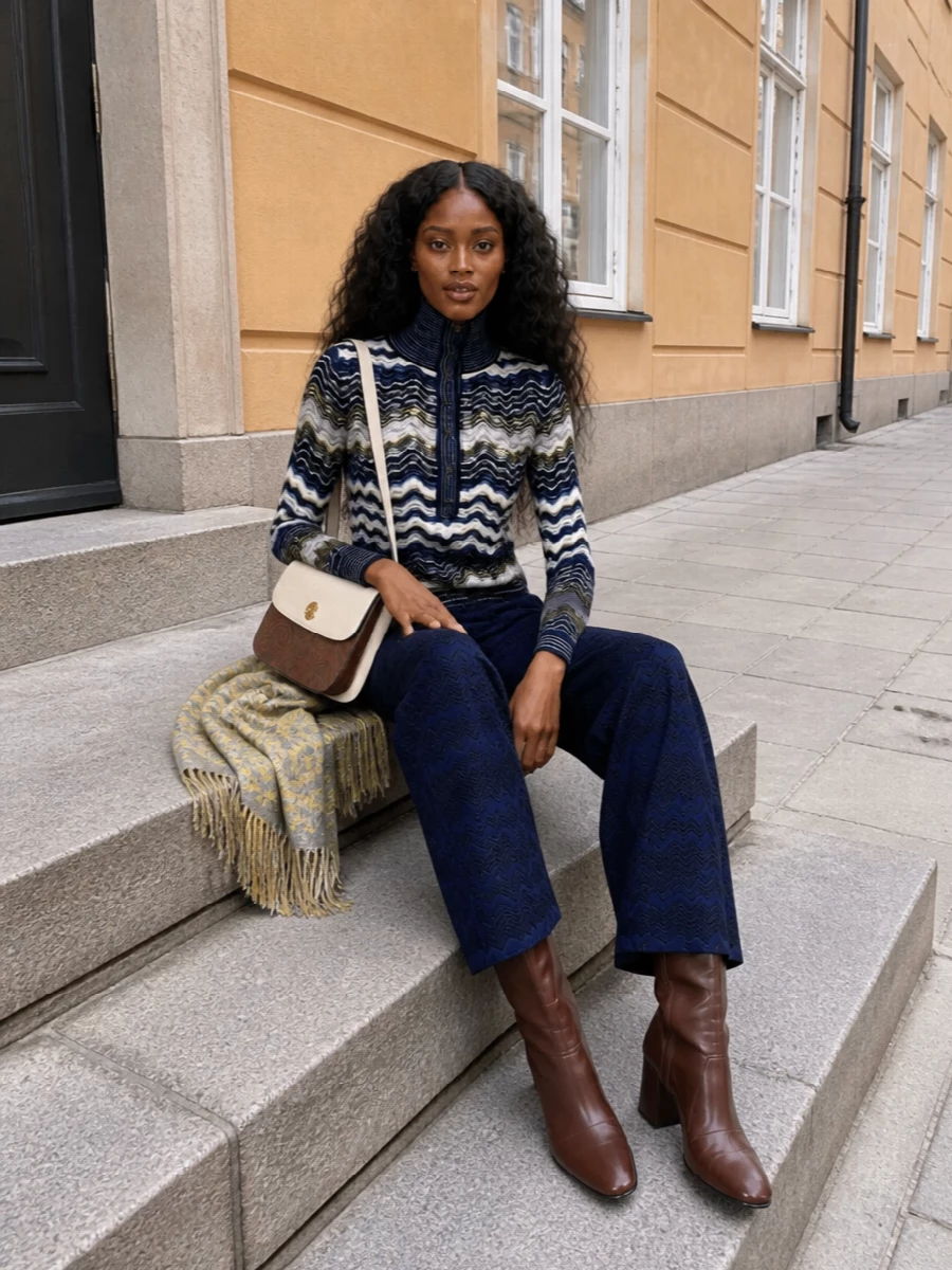 Missoni navy zigzag knit outfit etro bag