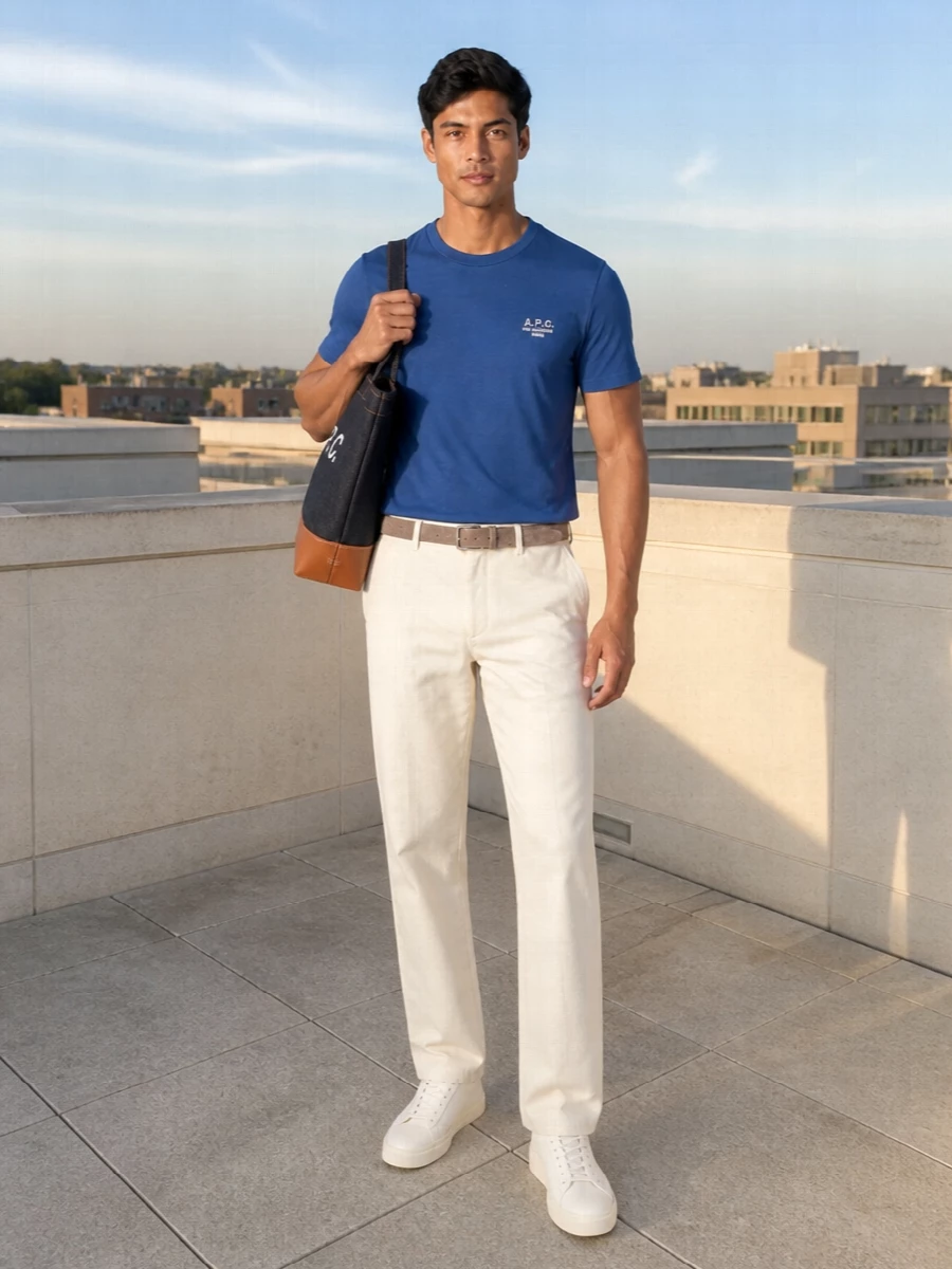 A mid-blue A.P.C. tee meets ecru straight-leg trousers for a fresh, spring-ready uniform that feels relaxed but considered. Off-white leather sneakers keep everything clean and low-key, while the indigo-and-tan A.P.C. tote and taupe suede belt add just enough texture for a quietly polished finish. It is an easy city outfit that moves from coffee to casual dinners without needing a change.