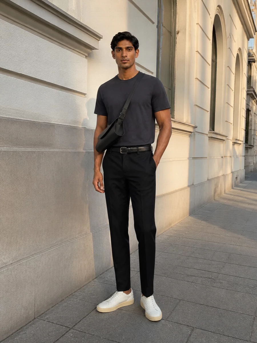 A charcoal Jil Sander tee meets high-rise black tailoring for a clean, vertical line that feels precise without trying too hard. White low-profile sneakers keep the mood relaxed but considered, while a sculptural black shoulder bag and slim belt finish the palette with quiet structure. It is an easy uniform for city days when you want to move between desk, gallery and dinner with the same calm clarity.