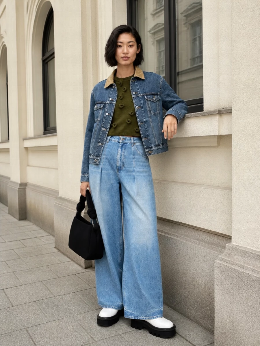 Jw anderson denim jacket wide leg jeans outfit