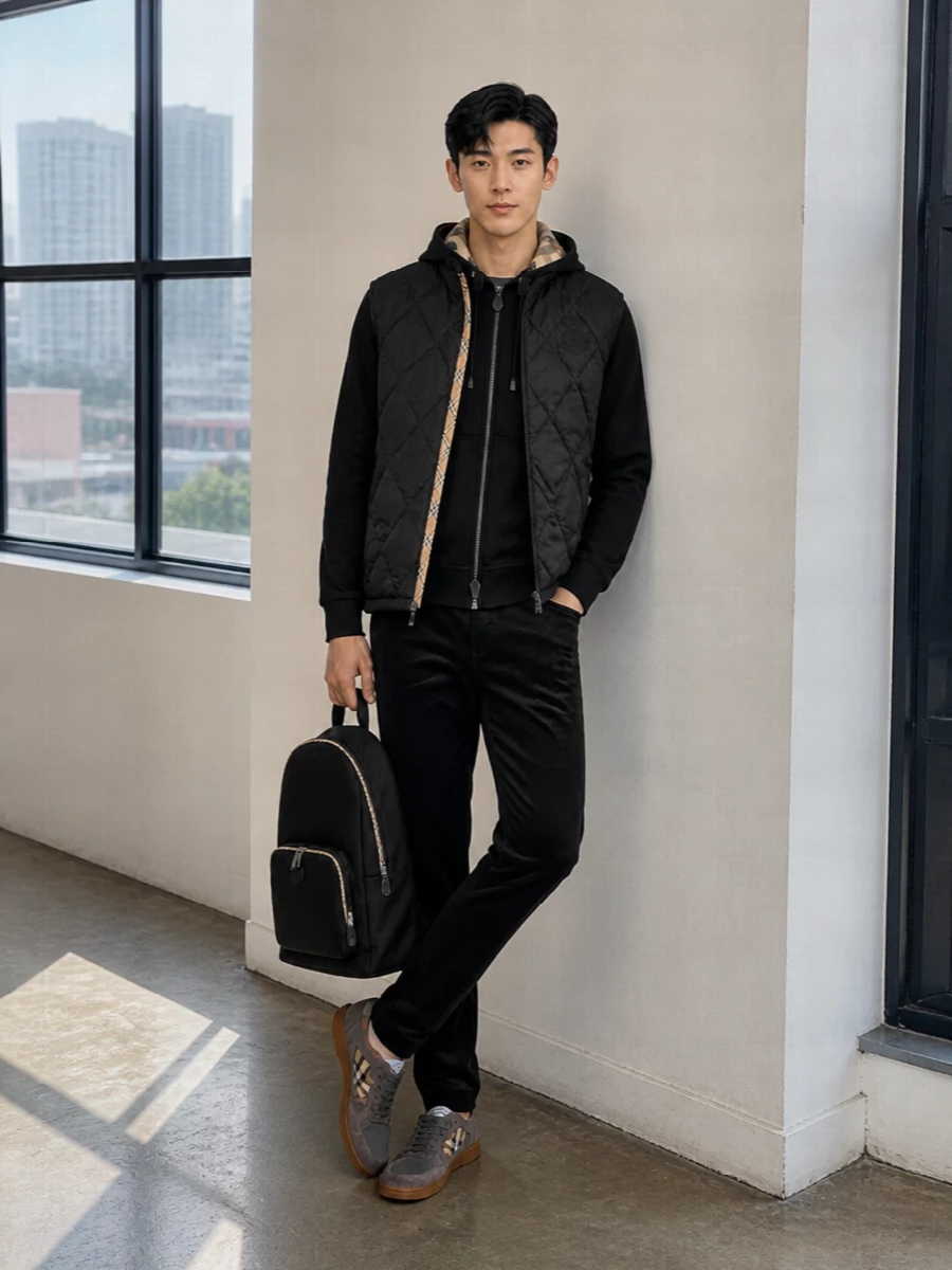 Burberry quilted gilet black hoodie sneakers
