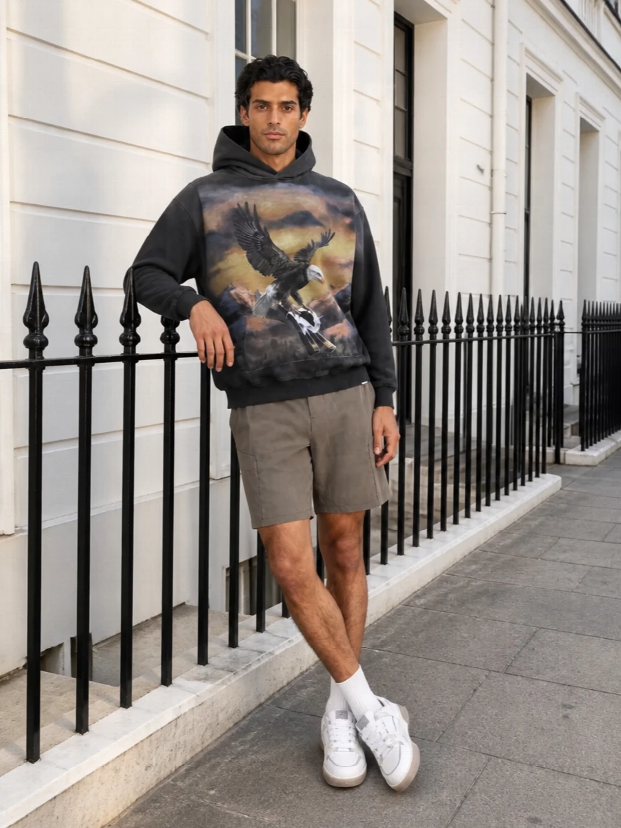 Represent eagle hoodie cargo shorts sneakers