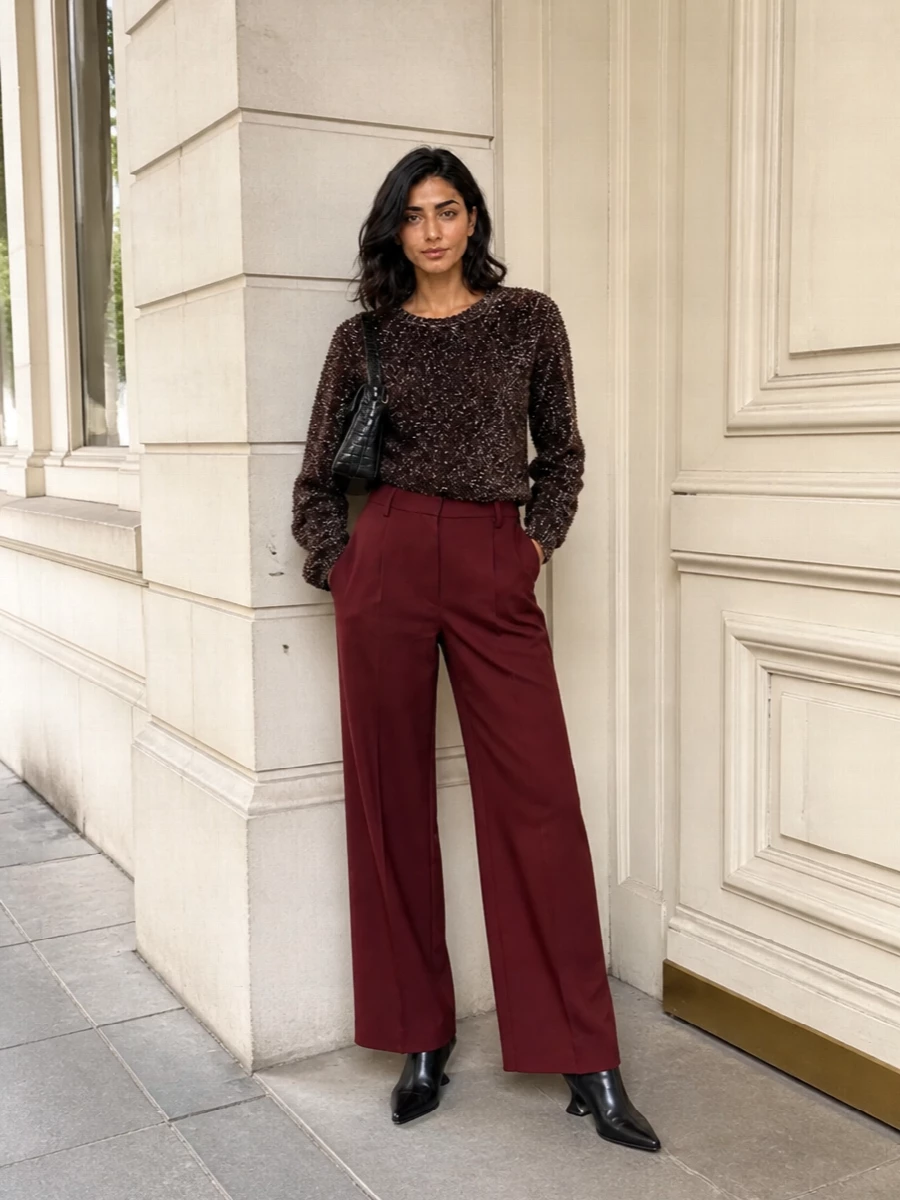 Dries van noten brown fuzzy sweater burgundy trousers