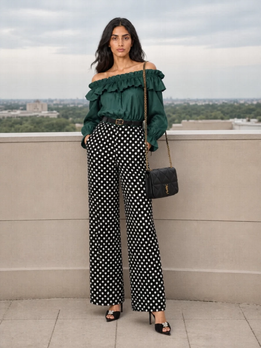 Saint laurent off shoulder top polka dot trousers