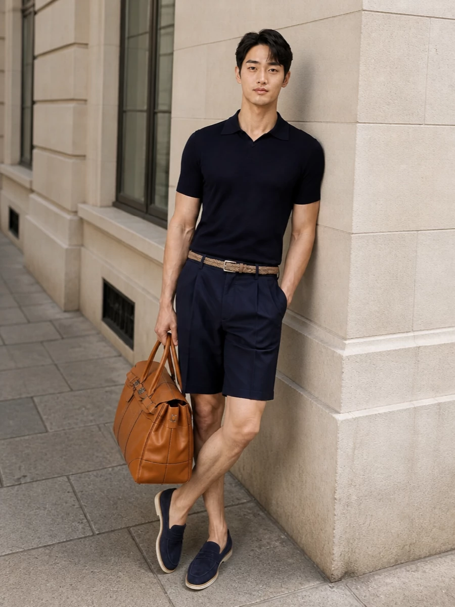 A deep-navy knitted polo is paired with pleated navy tailored shorts for a smart, tonal take on summer ease that feels polished without resorting to full tailoring. Navy suede loafers keep the line sleek and preppy, while a braided taupe belt and cognac weekender introduce warm, textural neutrals that underscore the quiet-luxury attitude. The result is an effortless SS look suited to terrace lunches, coastal weekends or refined city downtime.