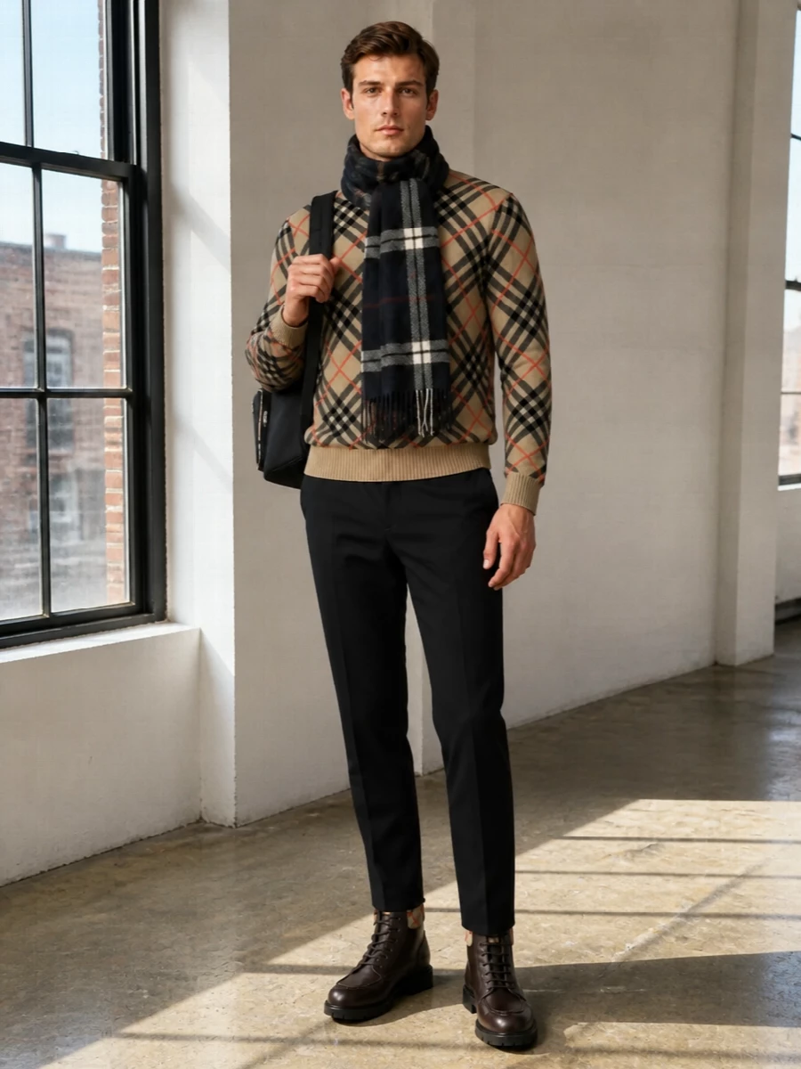 Burberry checked sweater black chinos outfit