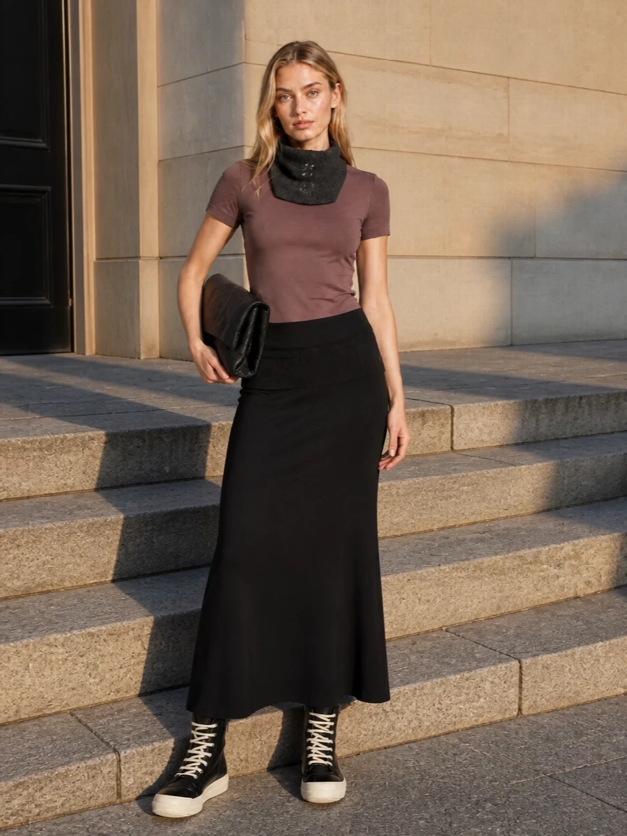 Rick owens mauve tee black midi skirt outfit