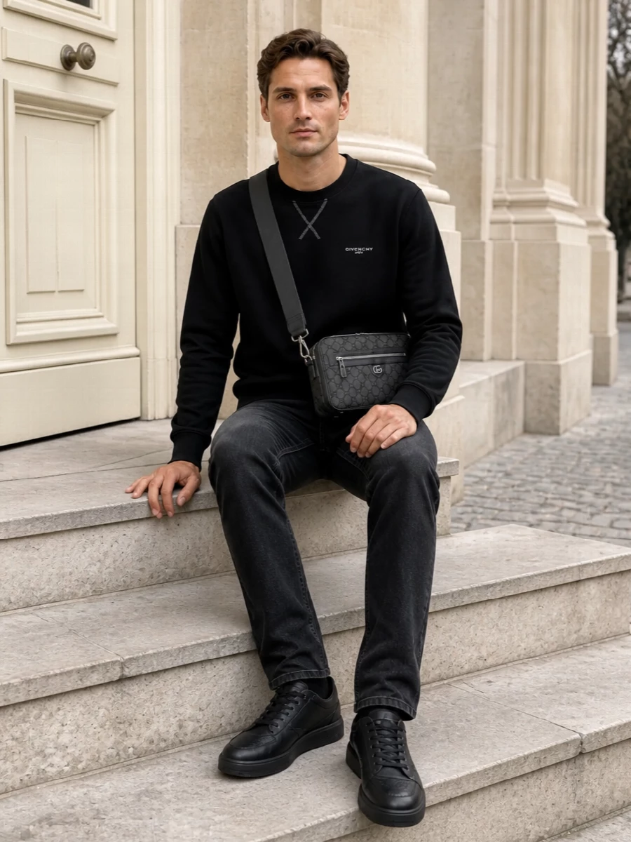 Givenchy’s black crew meets washed black straight denim for a monochrome street uniform that feels precise without trying too hard. Sleek tonal leather sneakers keep everything grounded and sharp. A structured charcoal Gucci crossbody adds just enough texture and logo detail to signal luxury without breaking the clean lines.