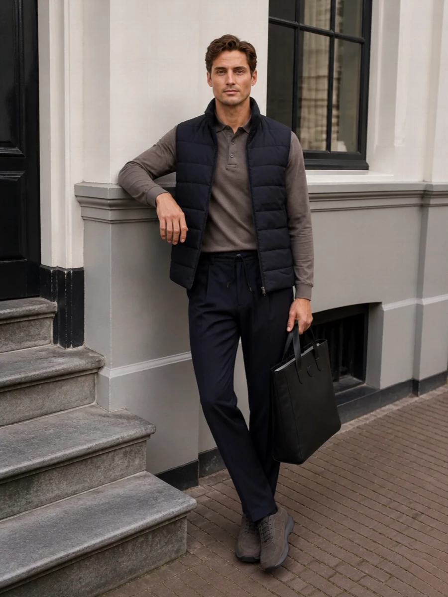 Herno gilet navy trousers taupe polo outfit