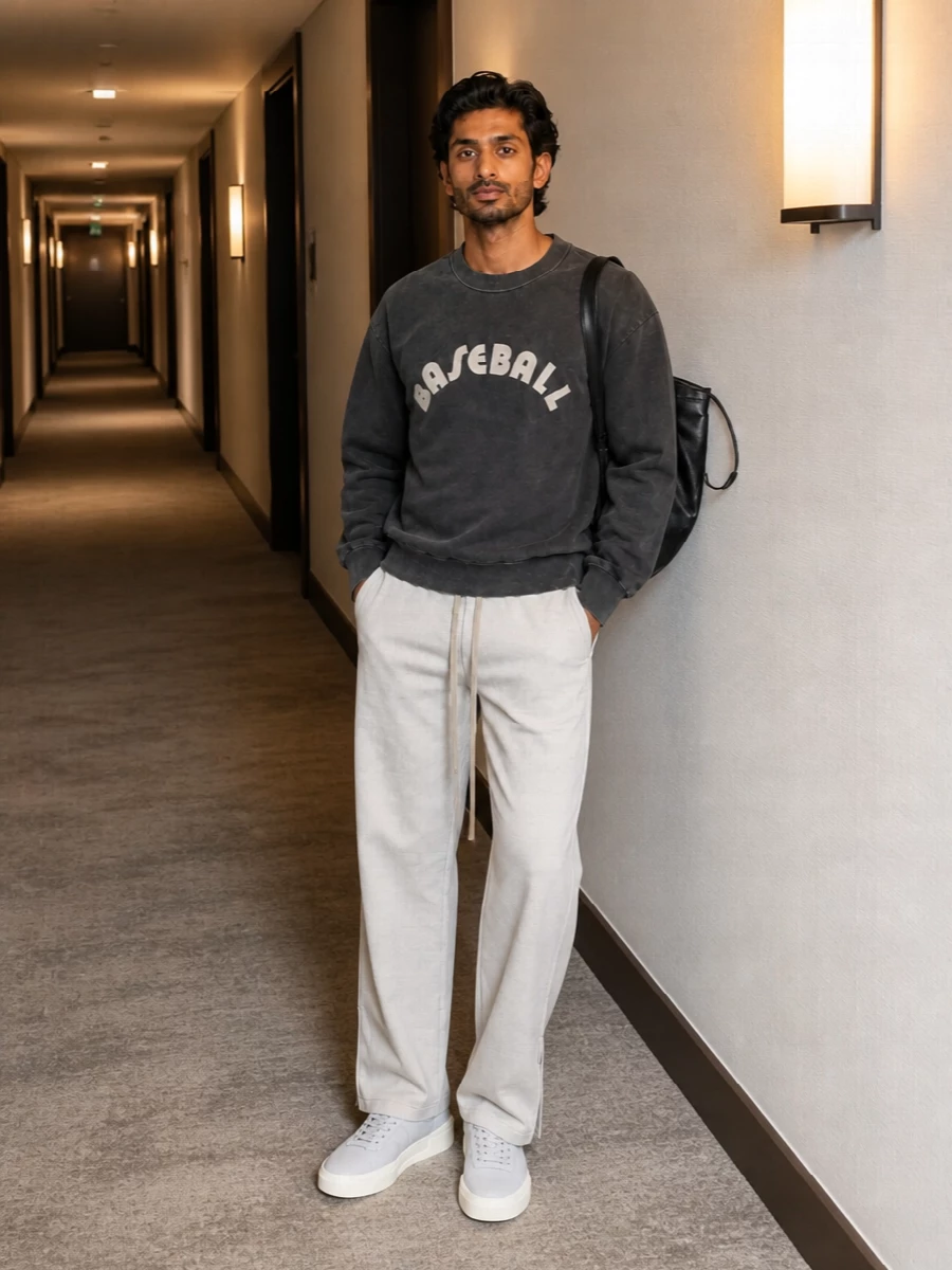Fear of god baseball sweatshirt off white track pants