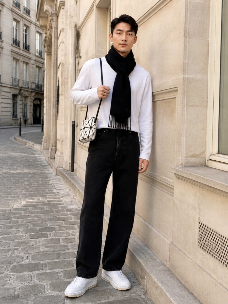 A bright white boxy tee sits cleanly over high-waisted washed-black denim for a sharp, minimal street silhouette. Tonal cream and white sneakers keep it light at ground level, while the geometric crossbody and graphic scarf introduce subtle structure without breaking the monochrome calm. It feels like an everyday city uniform that is relaxed in feel but precise in proportion.