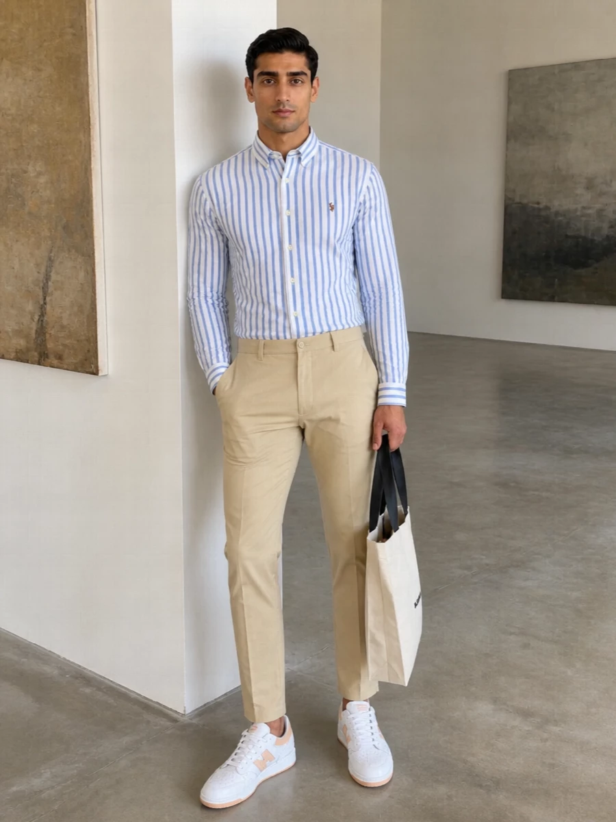 A striped Oxford and light beige chino combination leans into clean, East Coast polish without feeling stiff. White court sneakers keep it easy and modern, while the minimalist canvas tote adds a subtle design-led note that still feels quietly preppy. The result is smart enough for lunch on a terrace, relaxed enough for a city afternoon on foot.