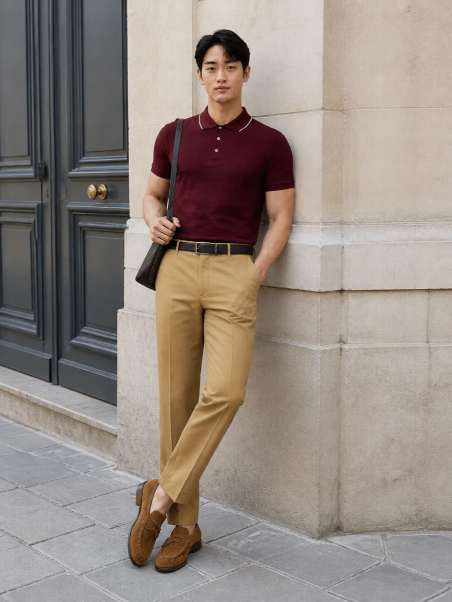 Mens preppy minimalist polo camel trousers outfit