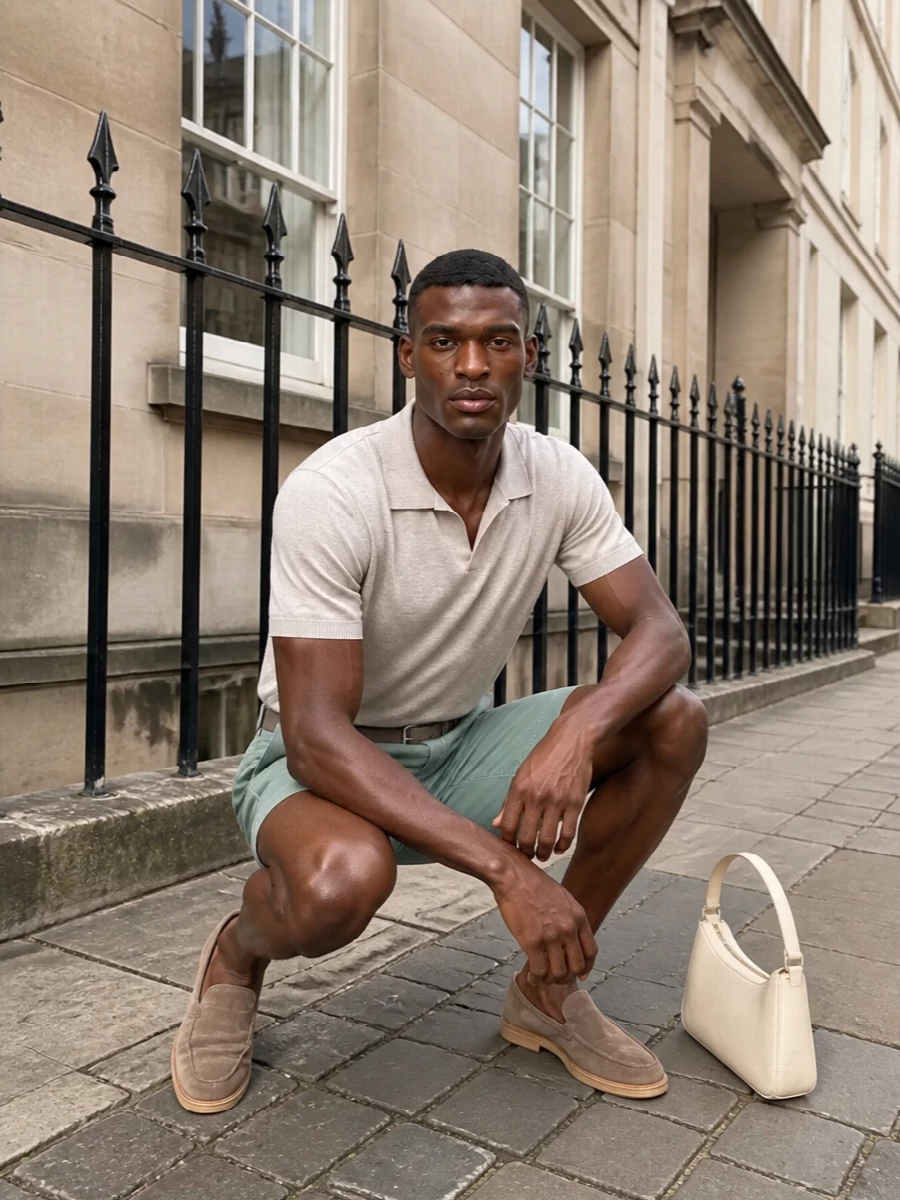 Soft sage tailoring meets pale neutrals for a calm, polished warm‑weather combination. The knit polo, pleated shorts and suede loafers keep the lines clean and relaxed while still reading considered. A slim buttercream shoulder bag and matching suede belt pull everything into a coherent, quietly luxurious palette suited to city days and terrace dinners alike.
